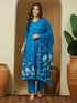Janasya Women's Blue Cotton Blend Floral Printed Anarkali Kurta Set